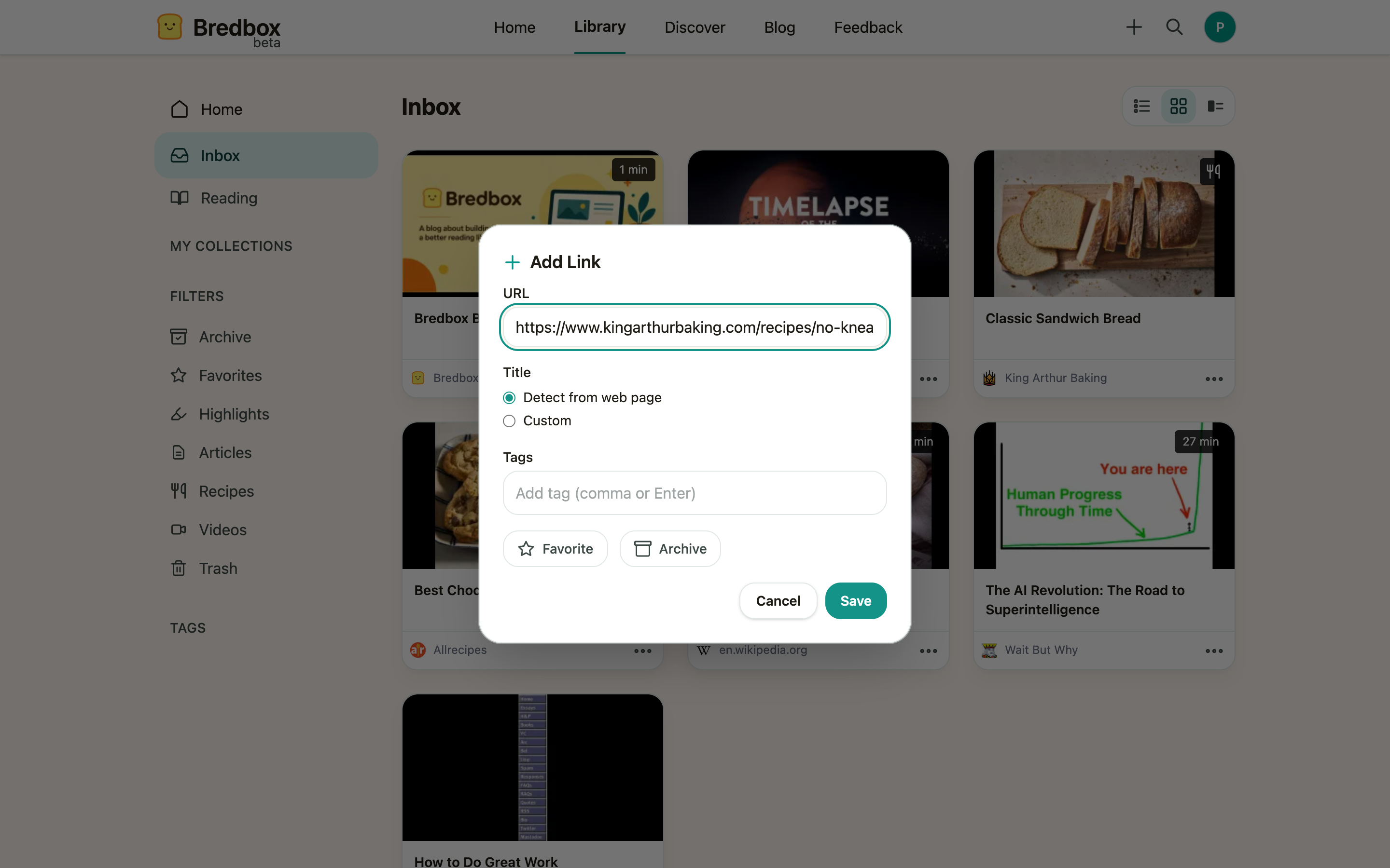The Add Link dialog with a URL pasted in and options for title, tags, favorite, and archive.
