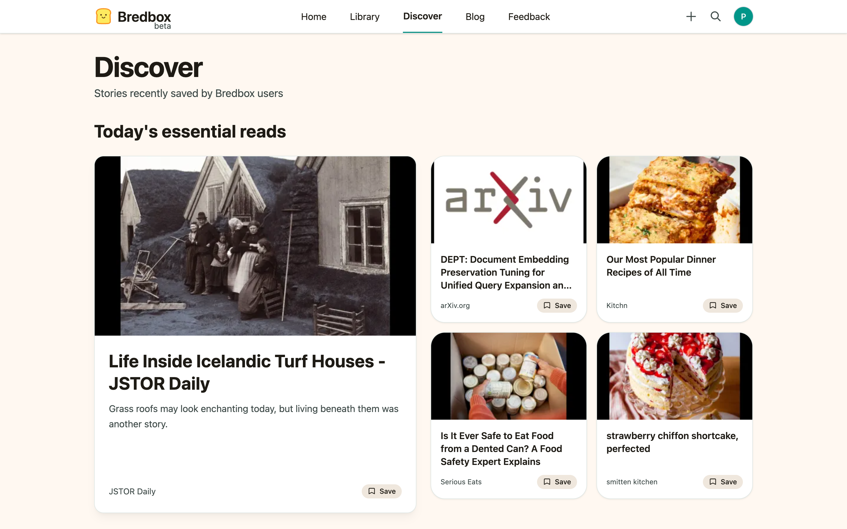 The Discover page with featured reads and a topics sidebar.