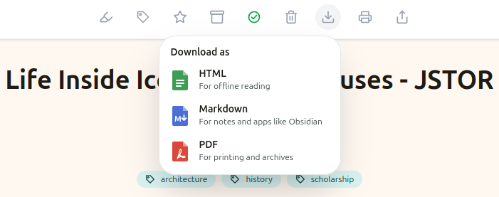 The Download menu in the reader, offering HTML, Markdown, and PDF.