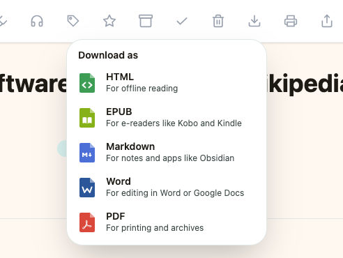 The Download menu in the reader, offering HTML, EPUB, Markdown, Word, and PDF.