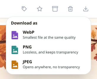 The Download menu on an image save, offering WebP, PNG, and JPEG.