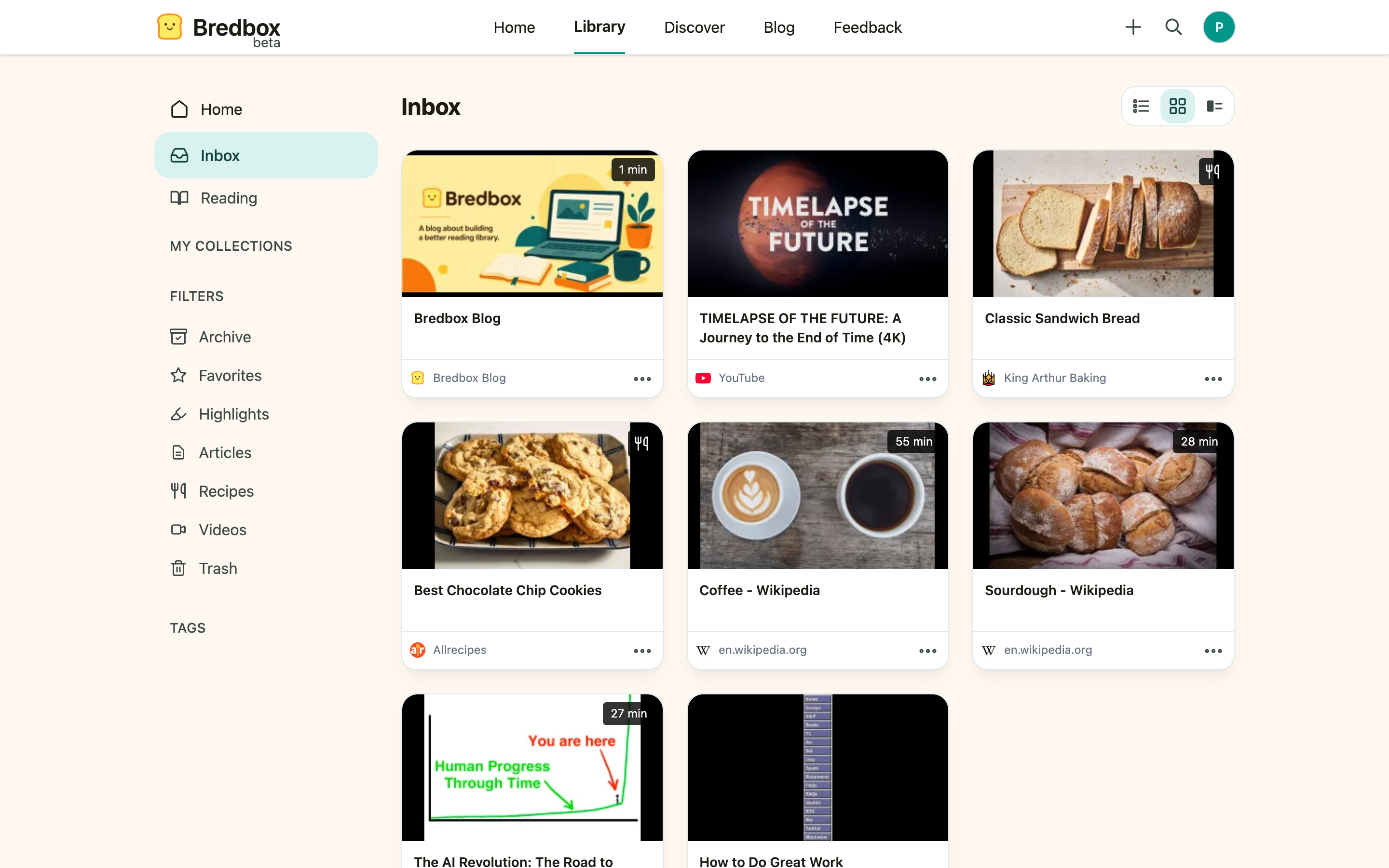 The Bredbox library with the sidebar showing Inbox, collections, filters, and tags.