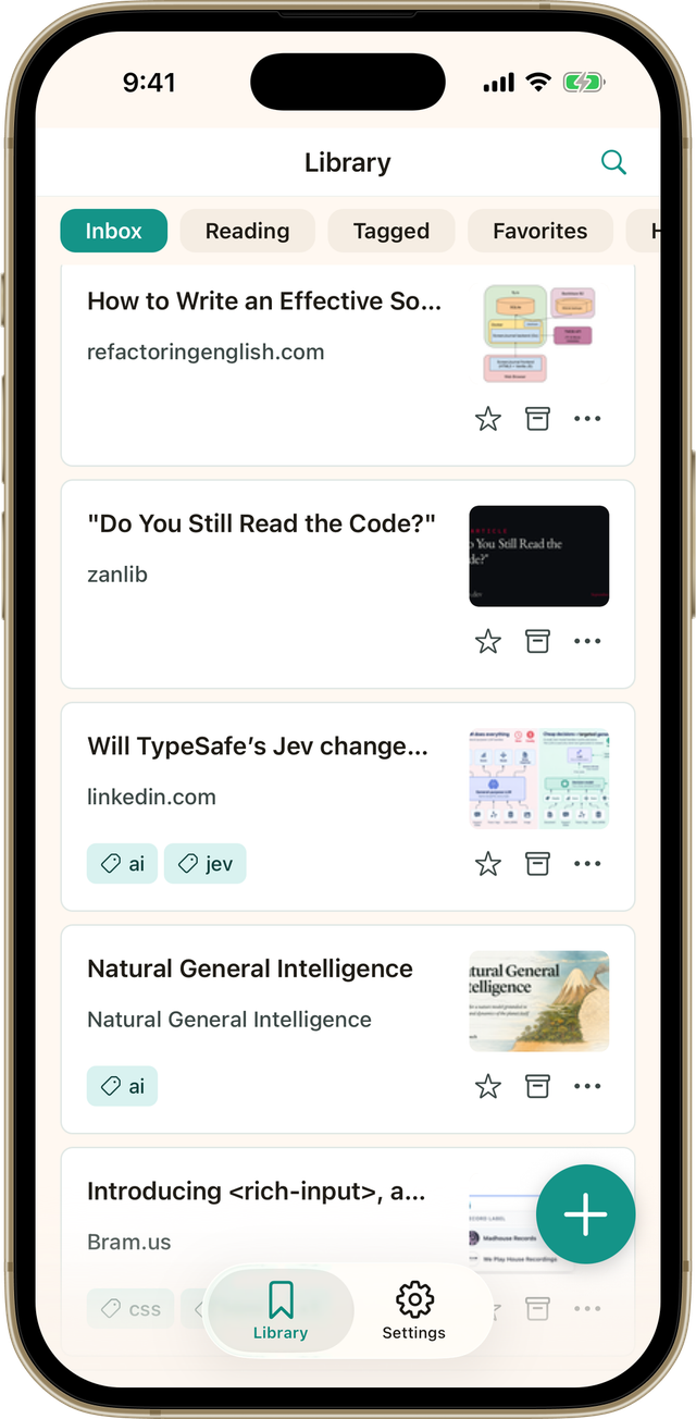 The Bredbox app showing the library with the Inbox filter selected.