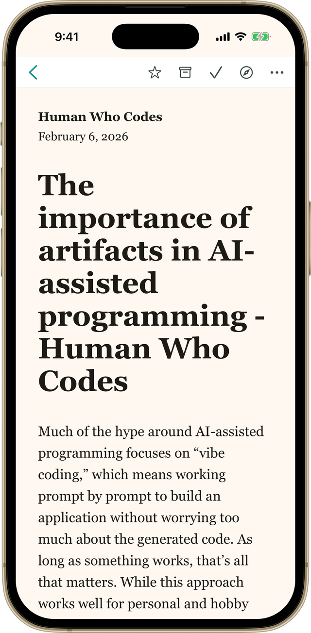 A saved article open in the Bredbox app’s reading view, with favorite, archive, and mark as read buttons at the top.