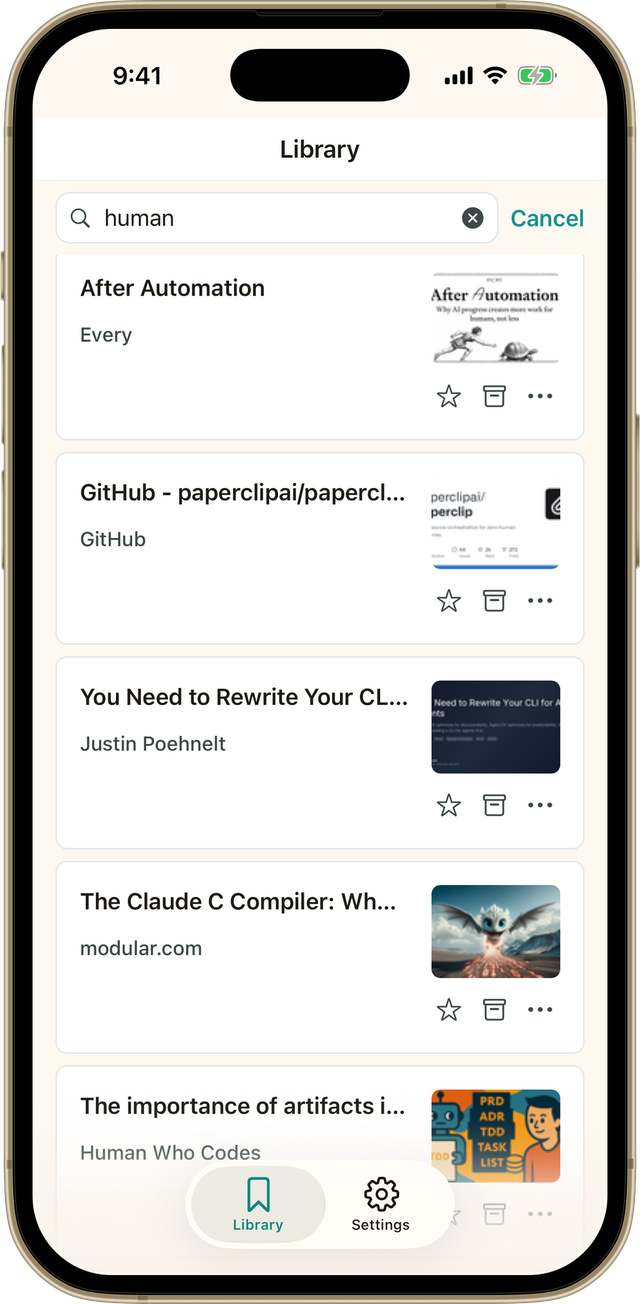 Searching the library in the Bredbox app for the word human, with matching saves listed below.