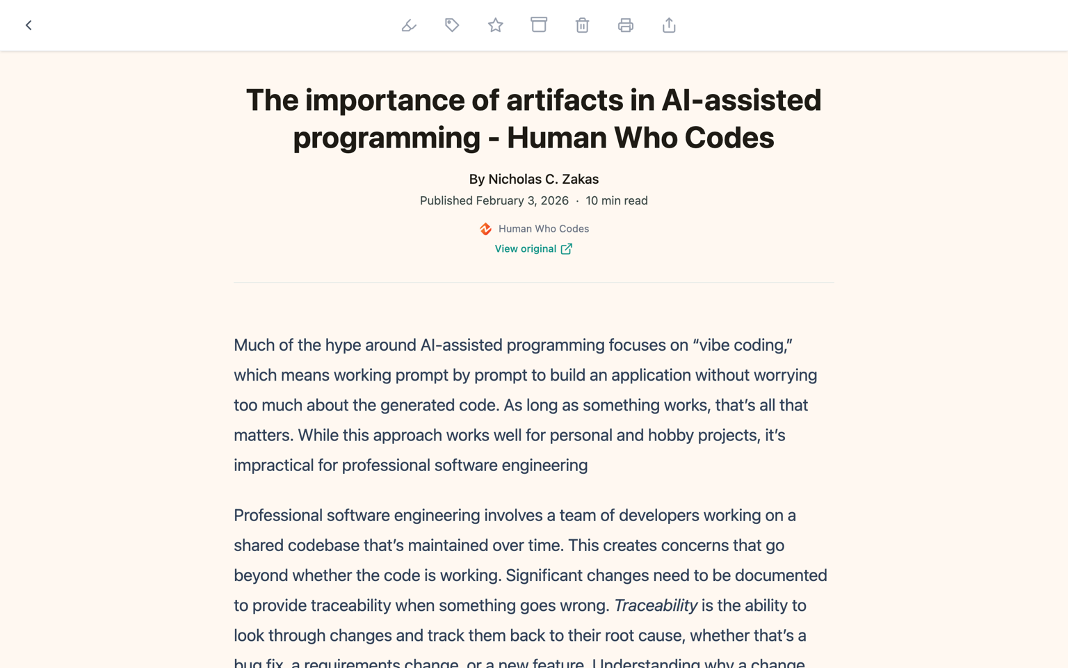 A saved article in Bredbox’s reading view, with a clean layout and a small toolbar at the top.