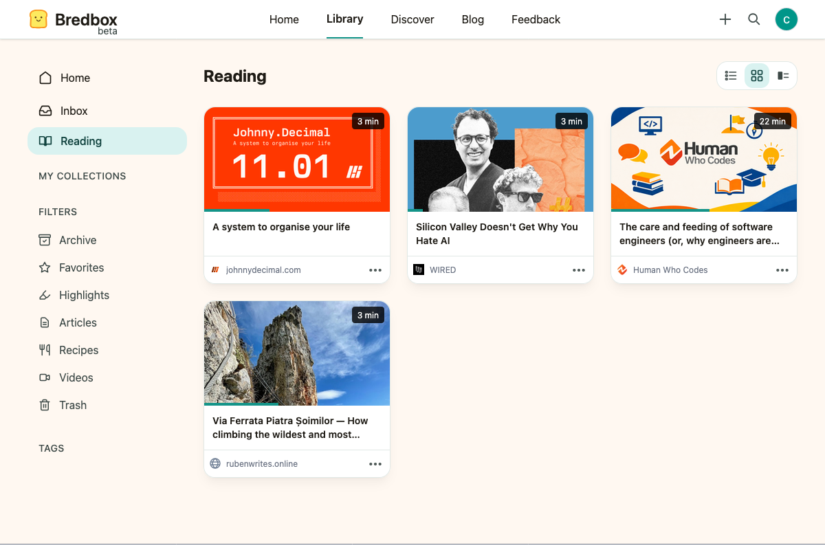 The Reading view listing in-progress articles with their progress.