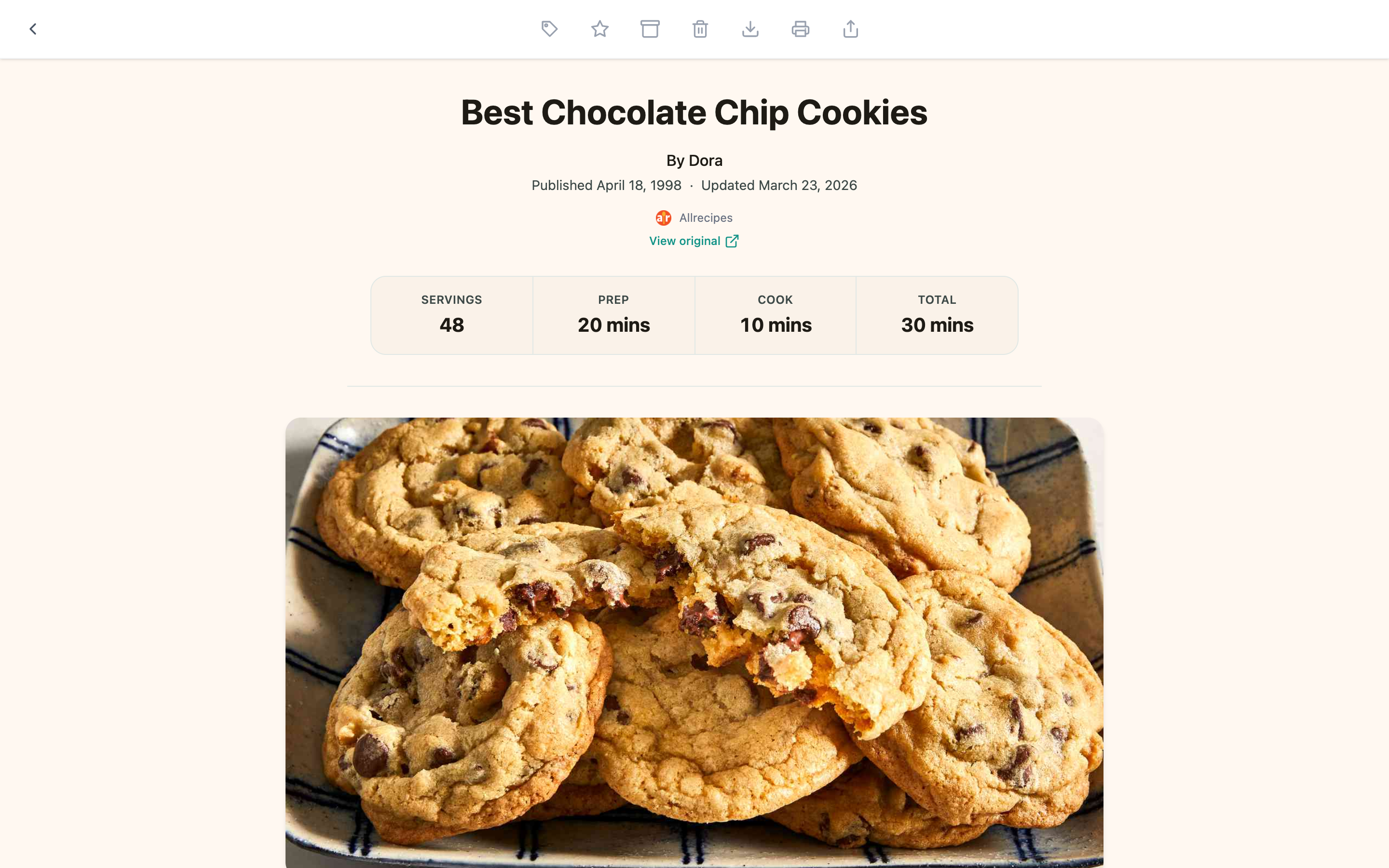A saved recipe in Bredbox’s recipe view, with an at-a-glance summary, ingredients, and instructions.
