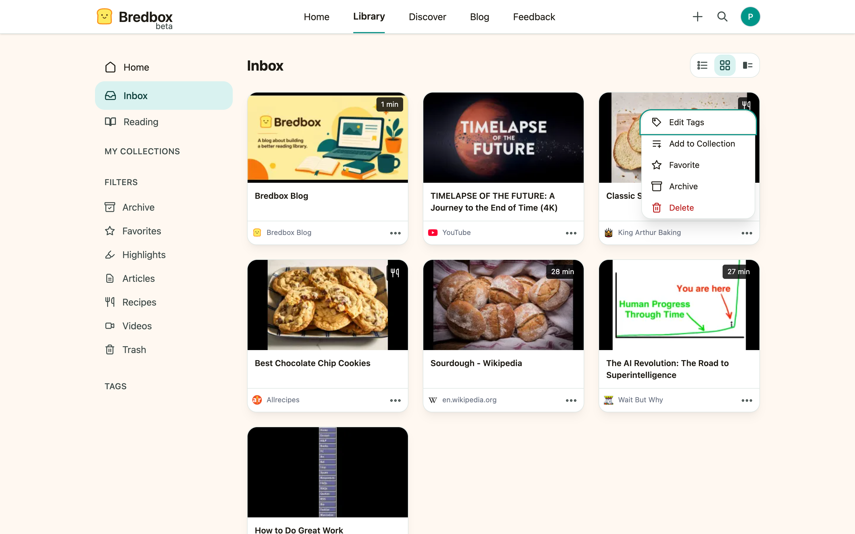 The save options menu open on a save card, showing Edit Tags, Add to Collection, Favorite, Archive, and Delete.