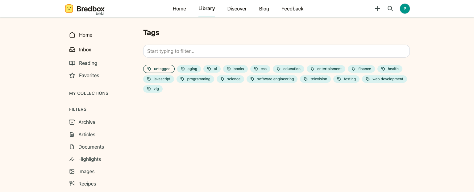 The Tags page listing every tag, with the untagged pill at the front.