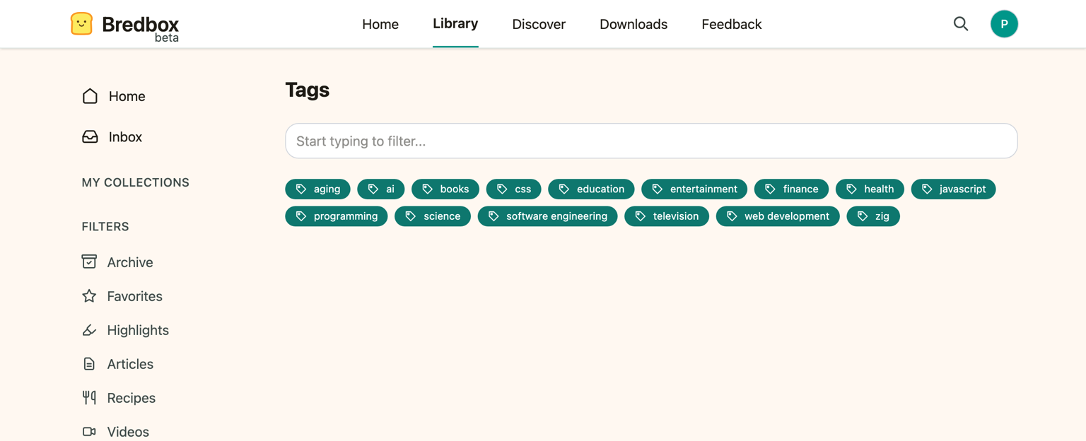 The Tags page listing tags with counts.